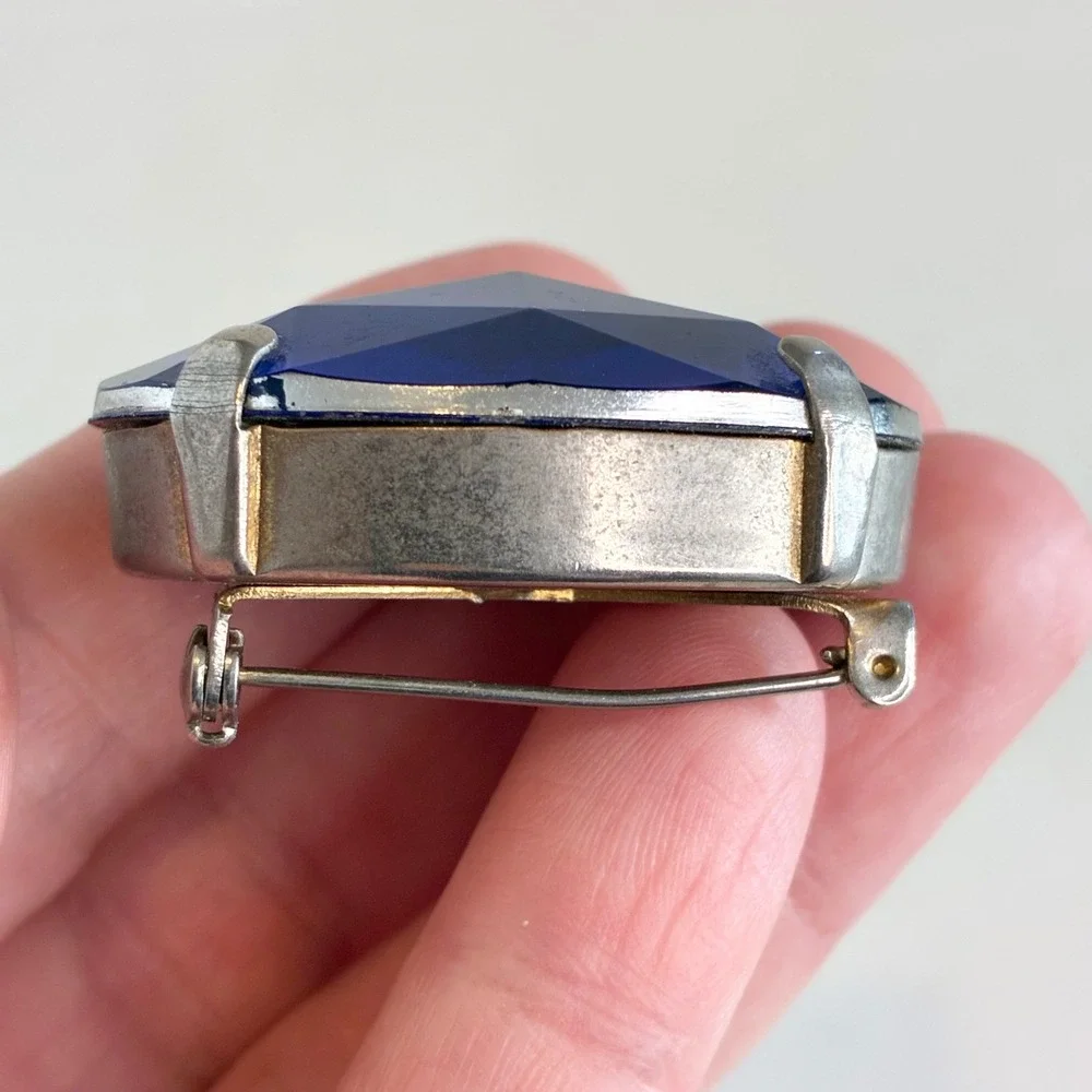 Vintage Brooch Set Blue Rhinestone Mid Century Faceted Silver Tone Jewelry READ